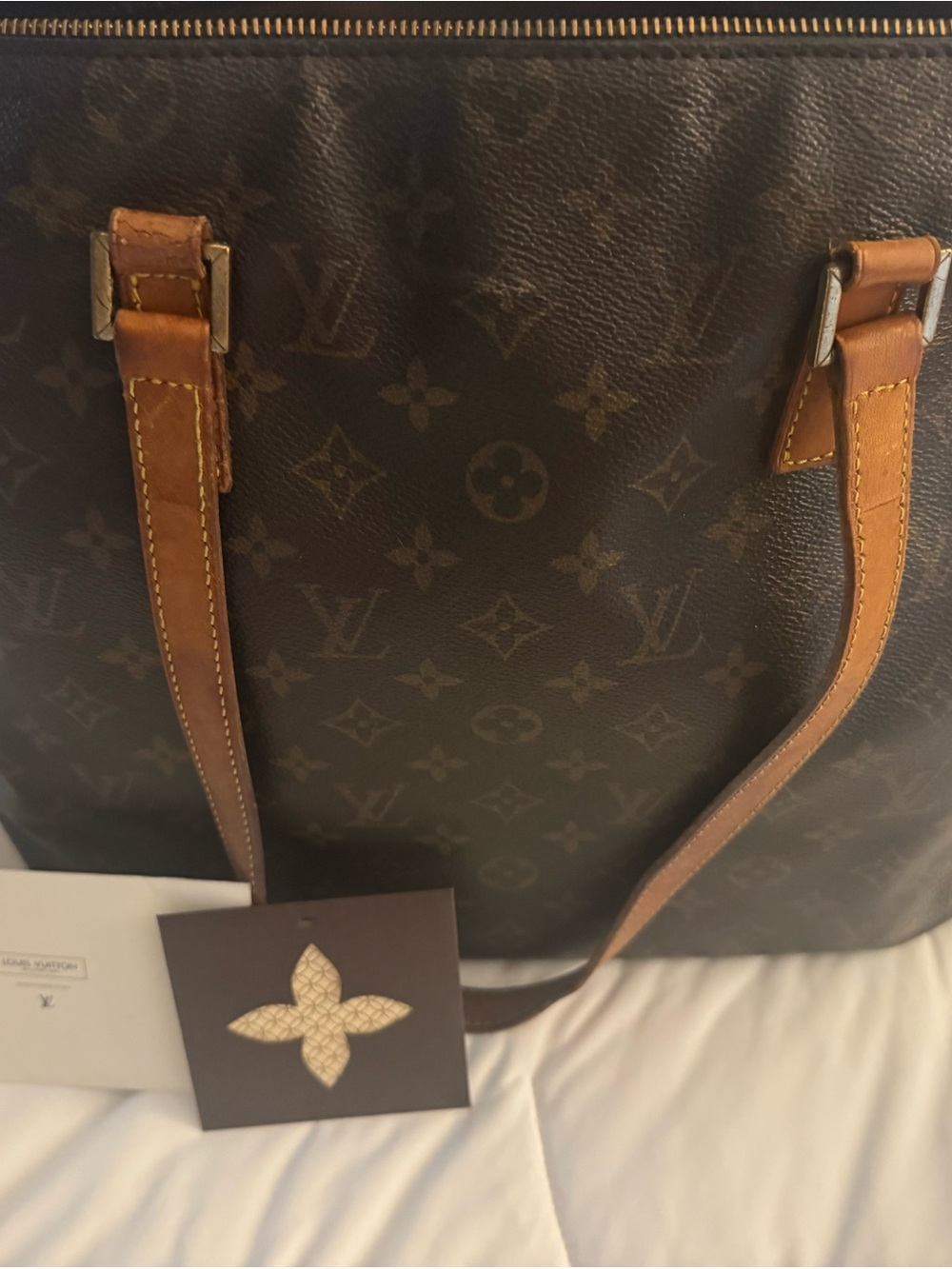 Authentic Louis Vuitton Cabas Mezzo Bag with Tan Leather Trim